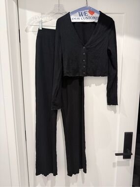 Reformation Jeans Black Ribbed Button-Front Crop Cardigan & Wide Leg Pants Set